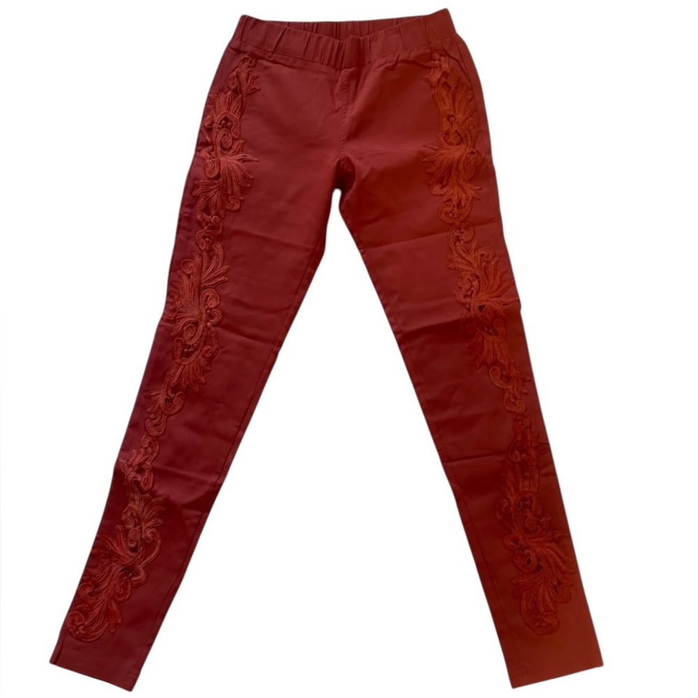 Pretty Angel Red/Orange Floral Embroidered Skinny Stretch Pants,Medium,New - Picture 5 of 5